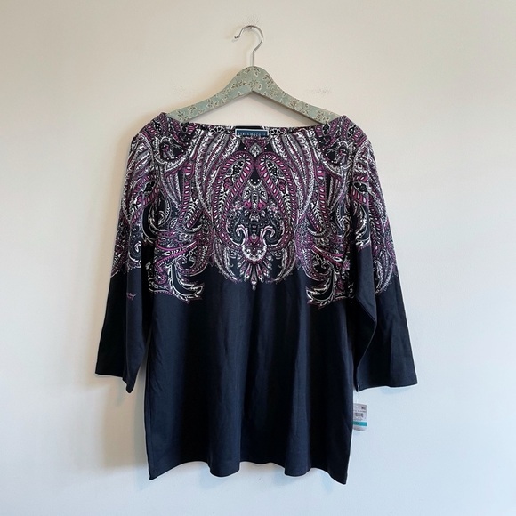 NWT Karen Scott Printed Boat Neck Top - Picture 1 of 6